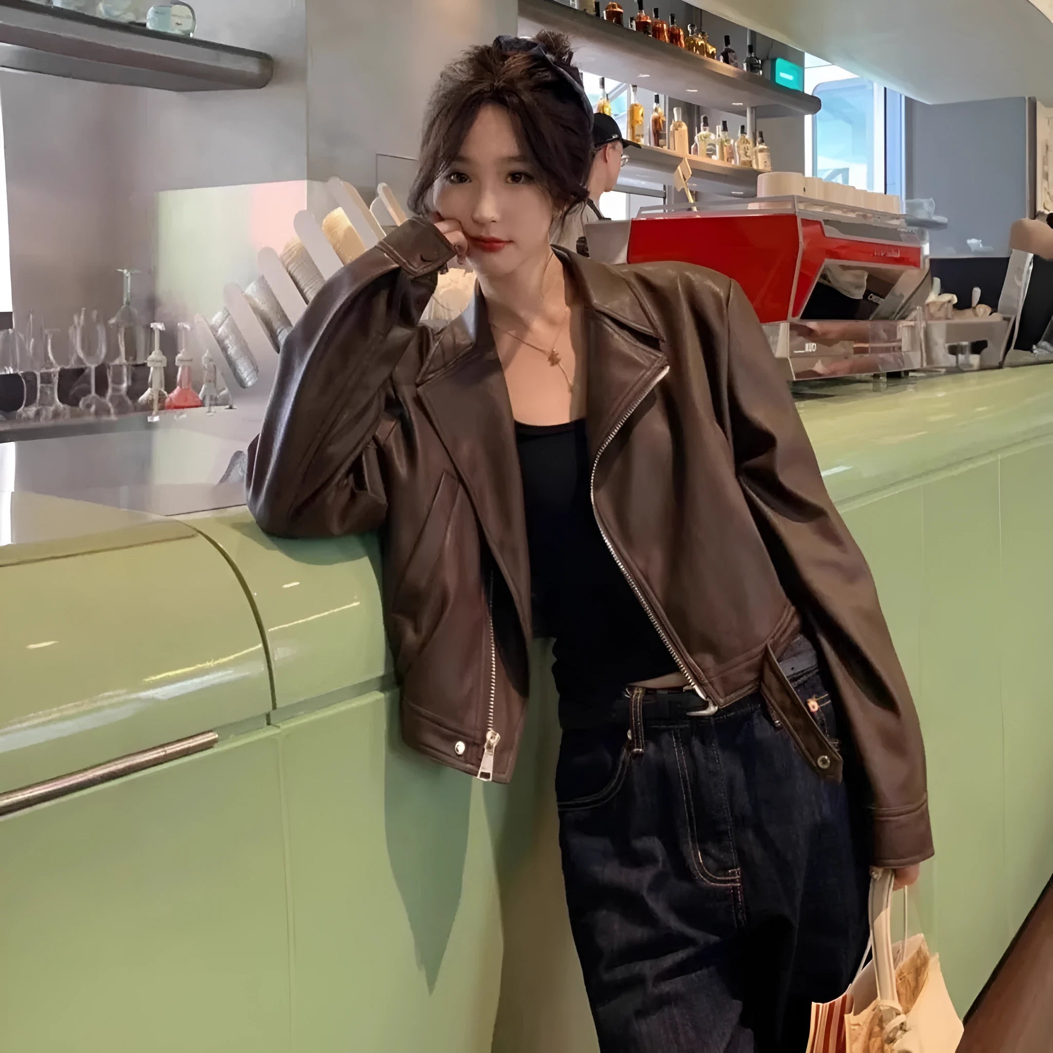Women's black retro leather coat with slim fit and short 40cm length