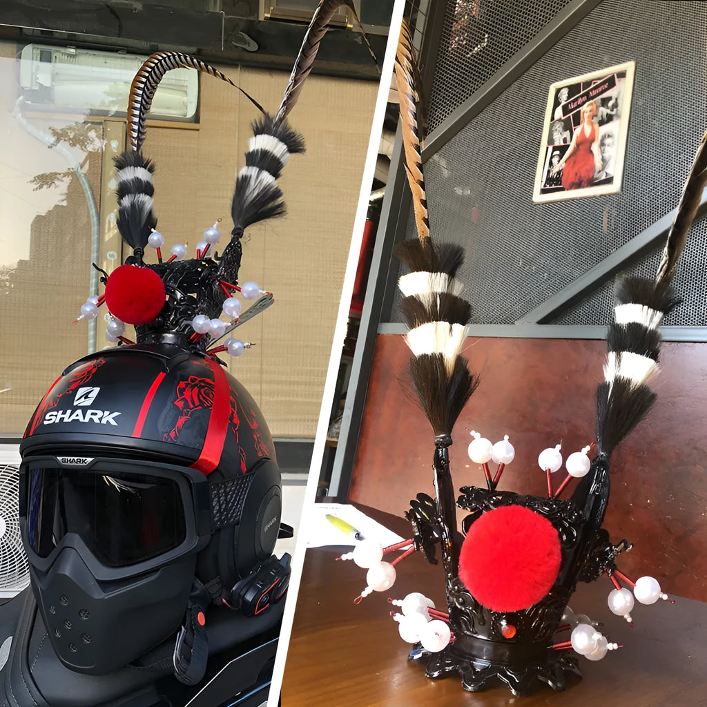 Zijin crown feather motorcycle helmet decoration with 1.1m quill and gold crown ornament in black colour