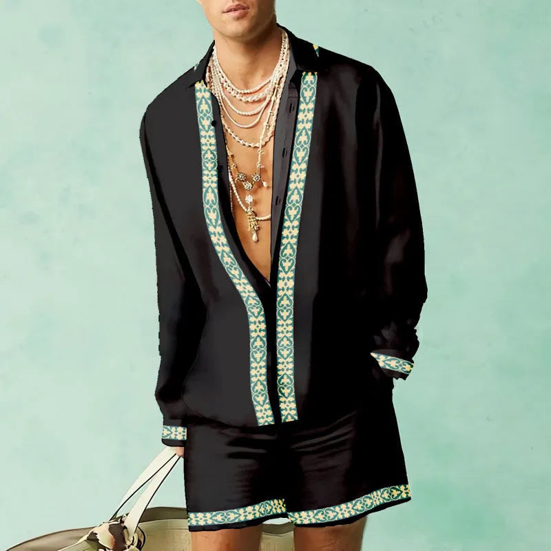 Casual summer loose shirt and shorts set with colour matching pattern and long sleeves in polyester fabric