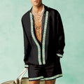 Casual summer loose shirt and shorts set with colour matching pattern and long sleeves in polyester fabric