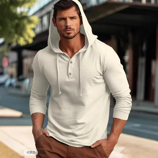 Cotton pullover sports hoodie in apricot colour on a hanger.