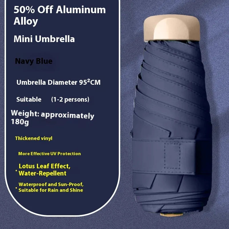 Five-fold compact umbrella with gradient vinyl canopy and manual open handle.
