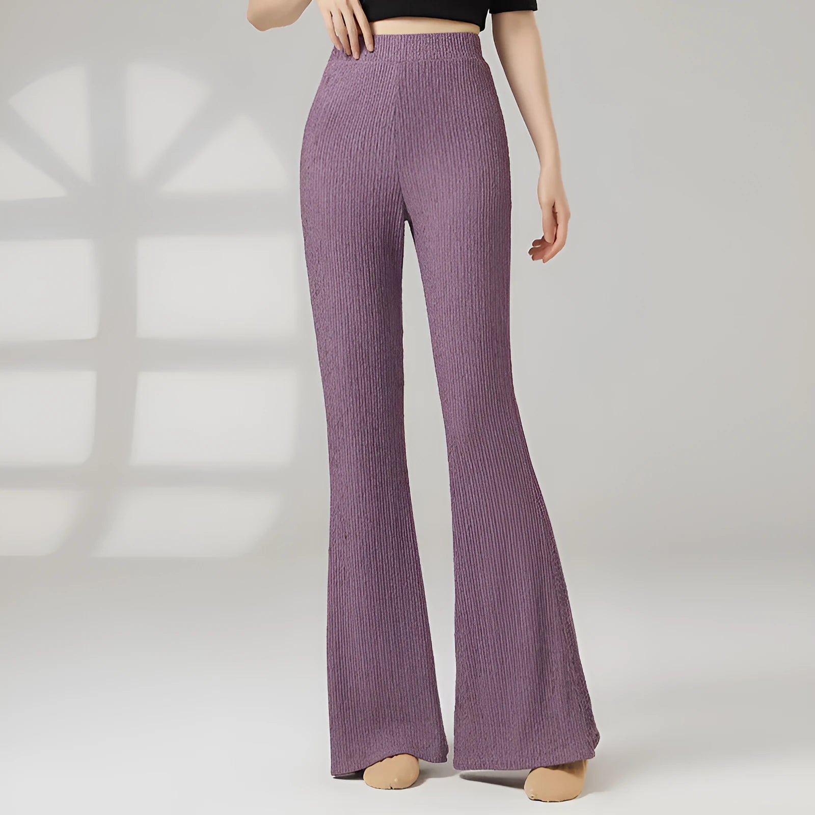 Women's solid colour polyester dance practice pants for classical training in beige, gray, khaki, purple, or black.