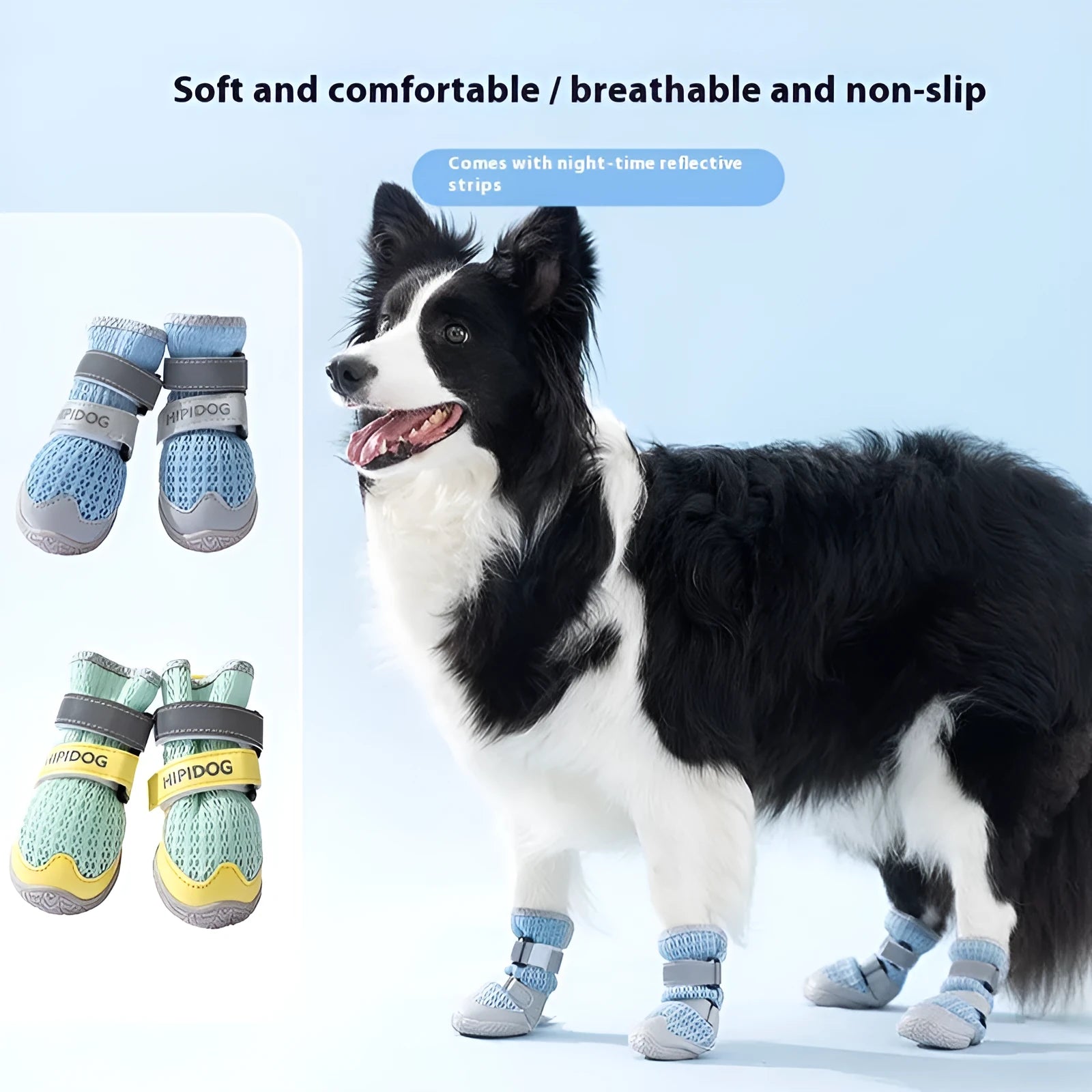 Cartoon style summer dog shoes with anti-scald protection in Bondi Blue and Dean Green colours