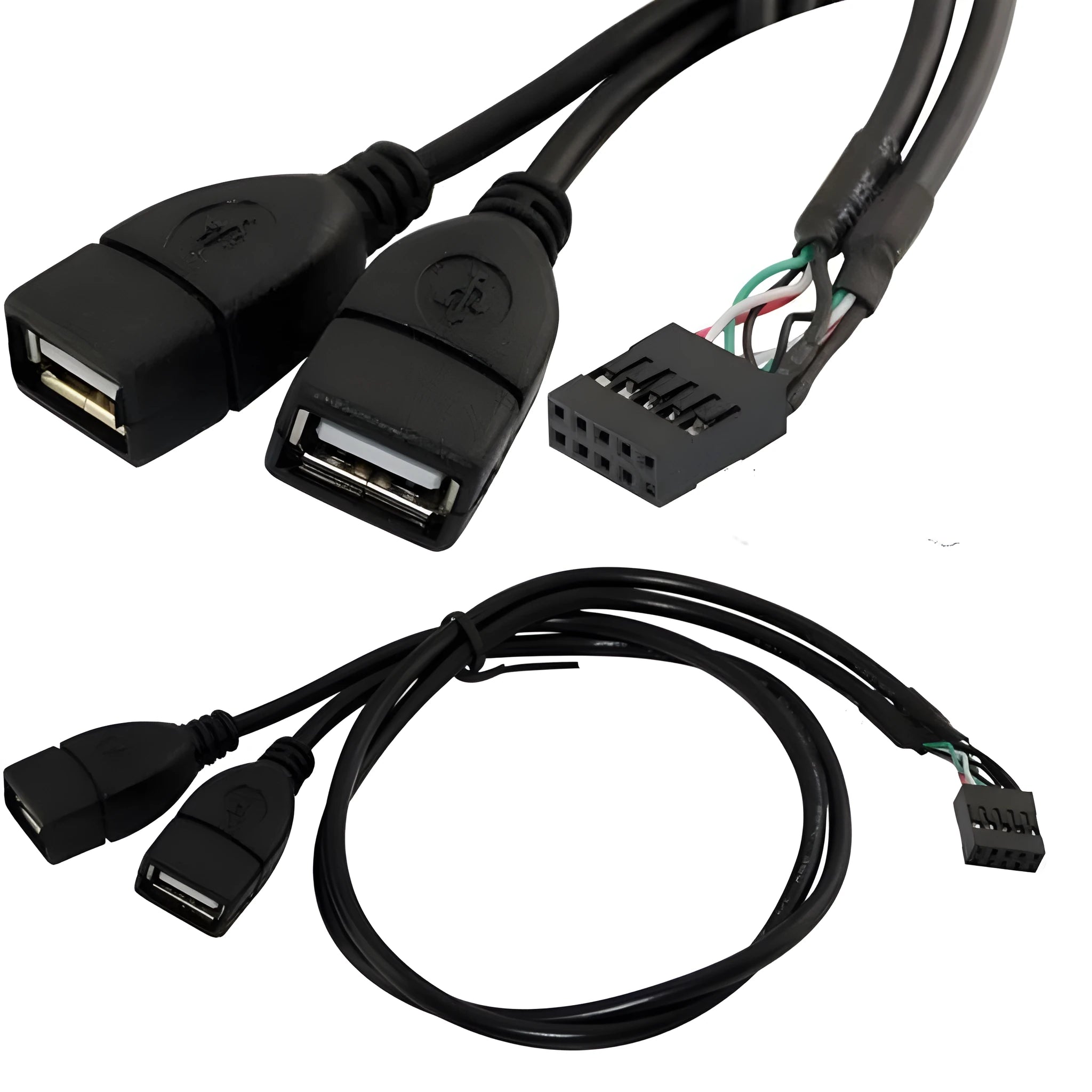Black USB dual AM-head conversion data cable with braided shielding and DuPont 2x5pin female connector