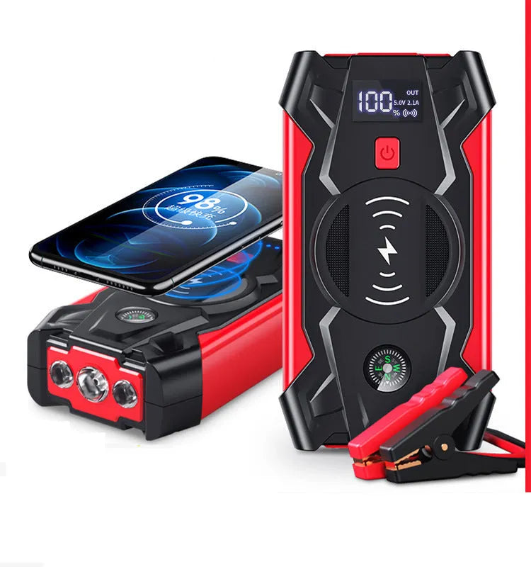 Red car emergency start power bank with thick jumper clips showing 39800W output and compact 190mm design