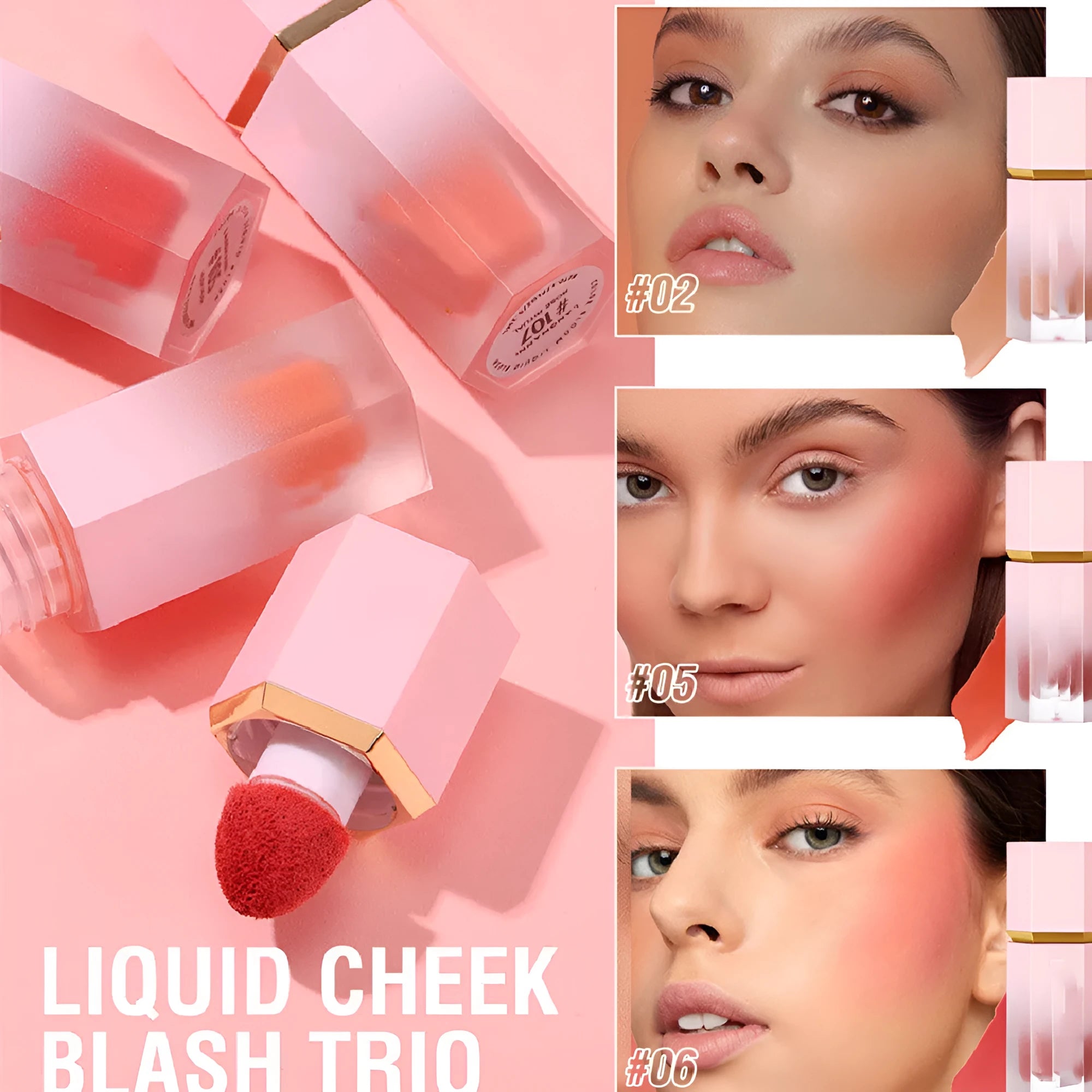 Colourful liquid powder blusher in compact container with multiple style options for universal skin types