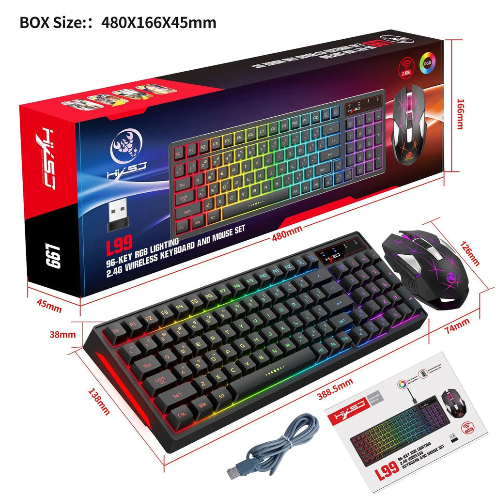 L99 2.4G wireless rechargeable keyboard and mouse set with RGB glow lighting and Type-C charging cable on desk