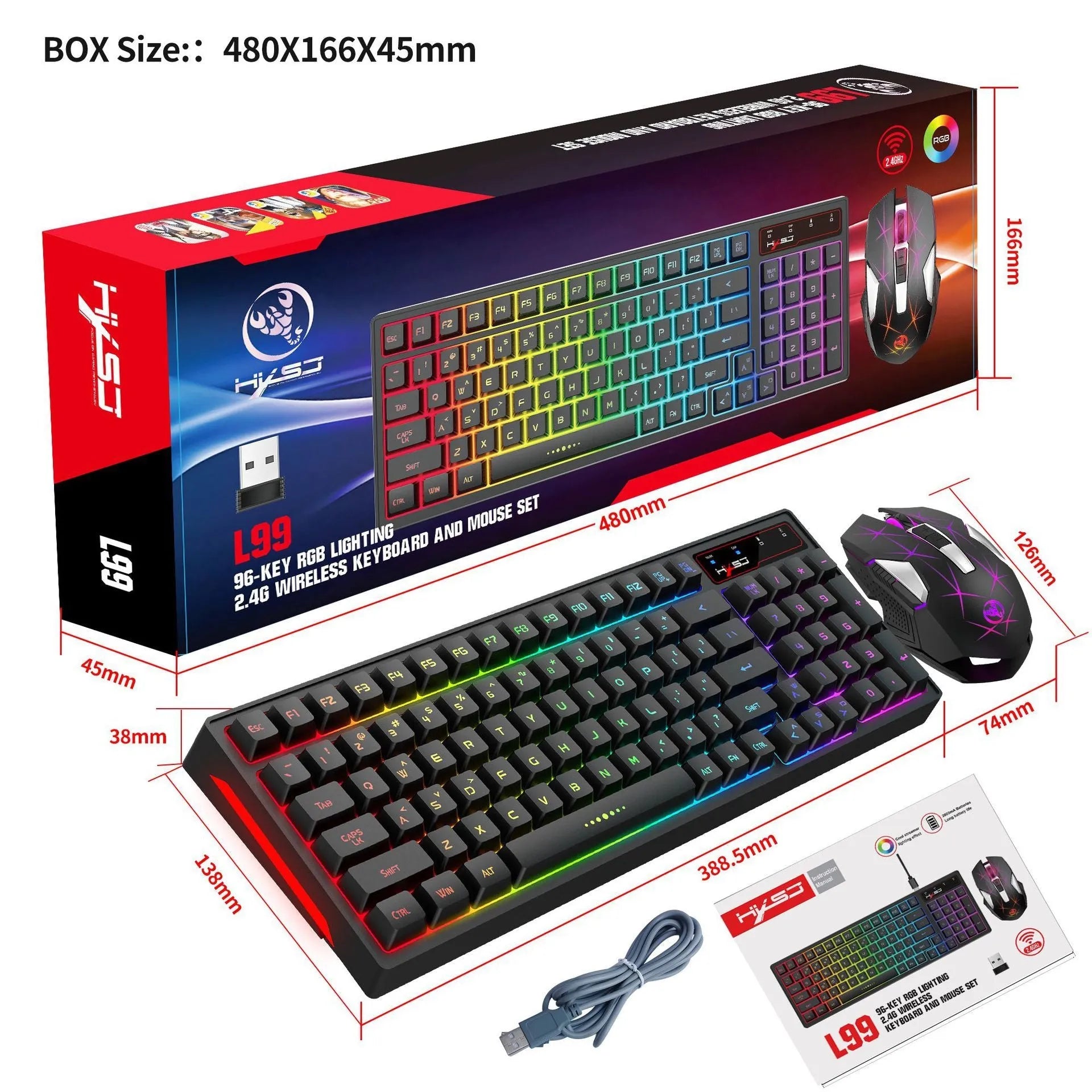 L99 2.4G wireless rechargeable keyboard and mouse set with RGB glow lighting and Type-C charging cable on desk