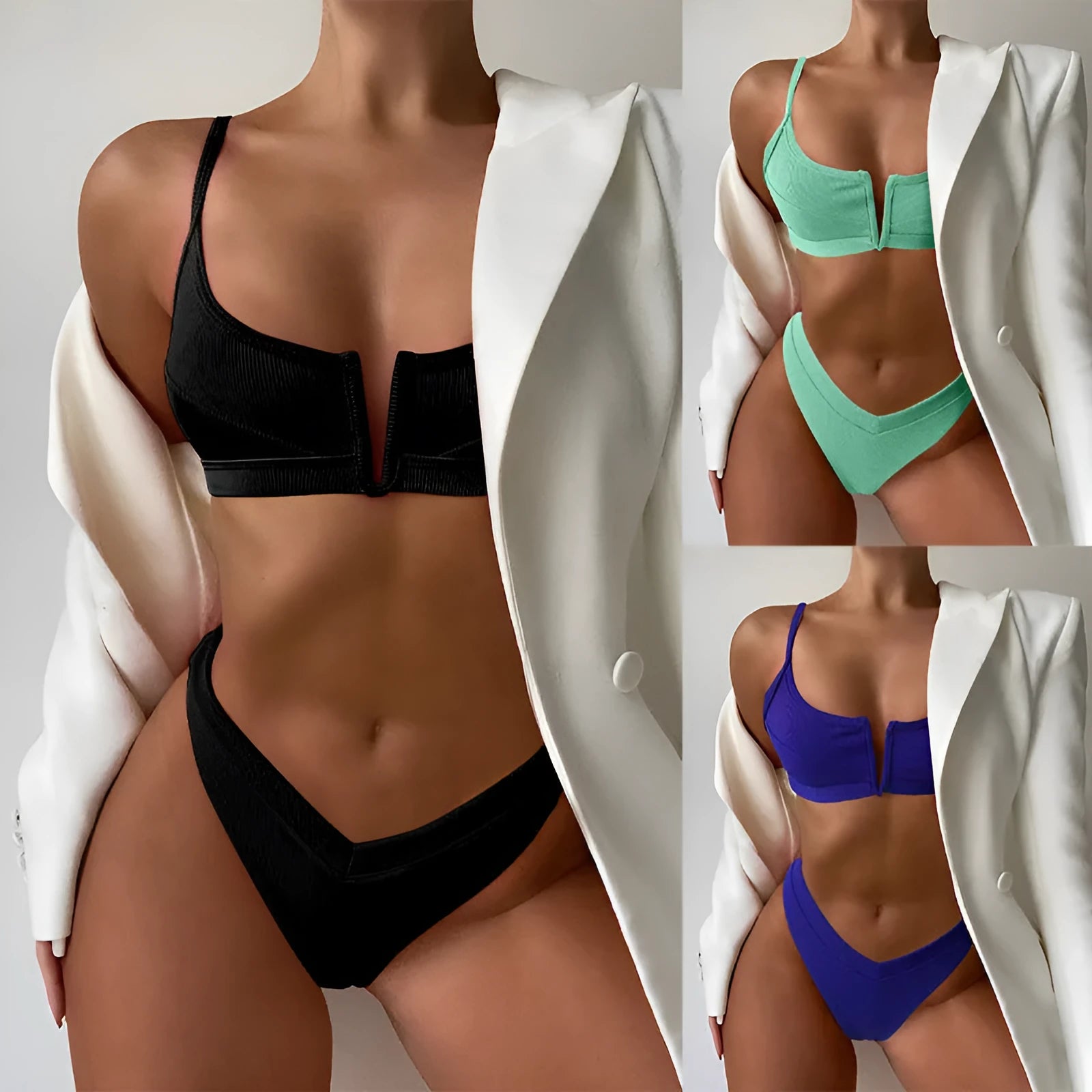 Women's high-waist triangle bikini swimsuit set in polyester fabric with split shorts