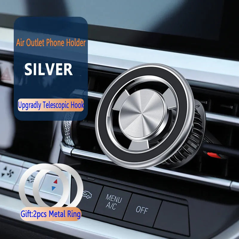 Silver magnetic car air vent phone holder with snap-on bracket and magnetic guide plate