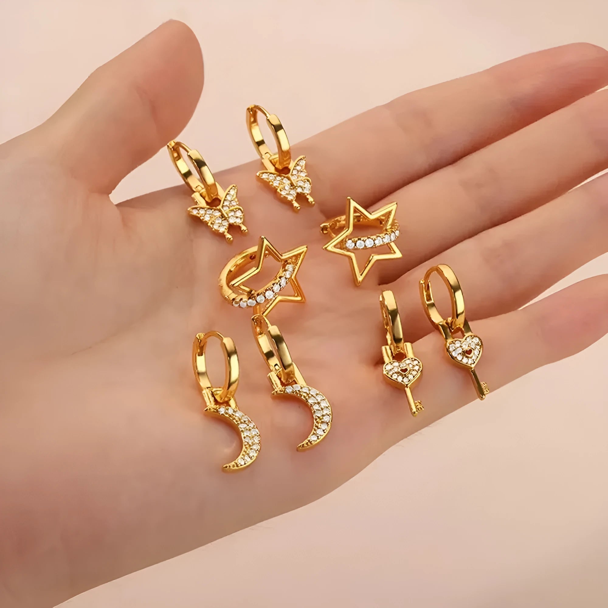 Women's geometric butterfly earrings with heart, star and bow shapes in copper