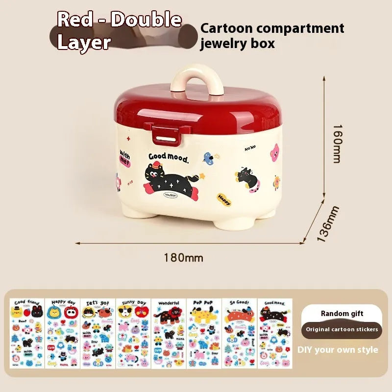 Red and brown cartoon sticker designs on a plastic desktop storage box with grid organiser compartments.
