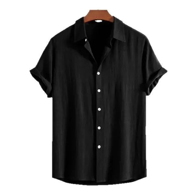 Men's loose black cardigan with short sleeves on a hanger