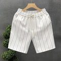 Men's black and white striped casual fleece-lined shorts with a double-layer waistband and straight leg.