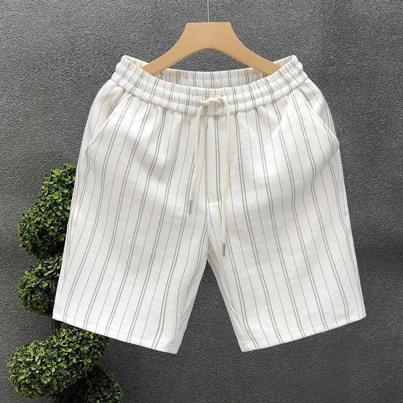 Men's black and white striped casual fleece-lined shorts with a double-layer waistband and straight leg.