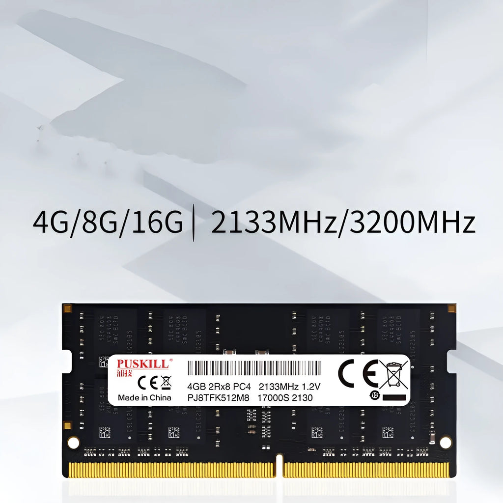 Notebook DDR4 memory module with 260 gold pins and memory chips on green circuit board