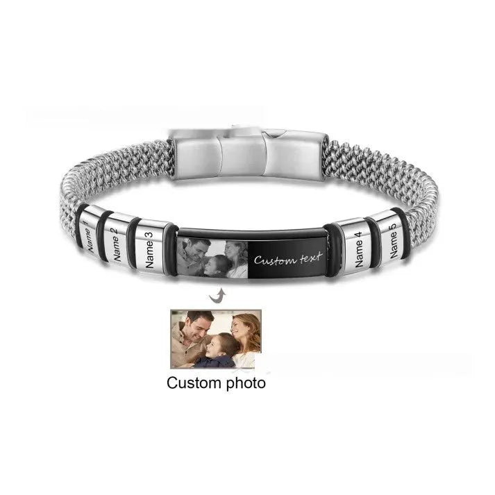Titanium steel men's bracelet with heart-shaped lettering beads and braided leather rope sections.