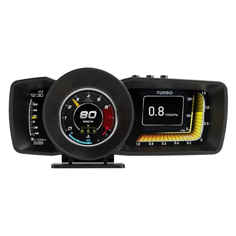 OBDII vehicle monitor with GPS Beidou navigation on car dashboard showing engine data and map display