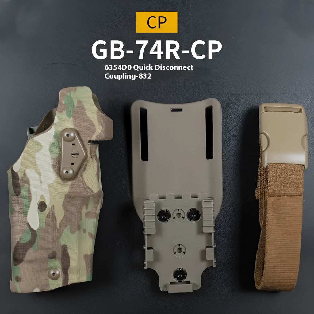 Left hand camouflage waist bag with leg warmer, black CP GB-87, against outdoor foliage background