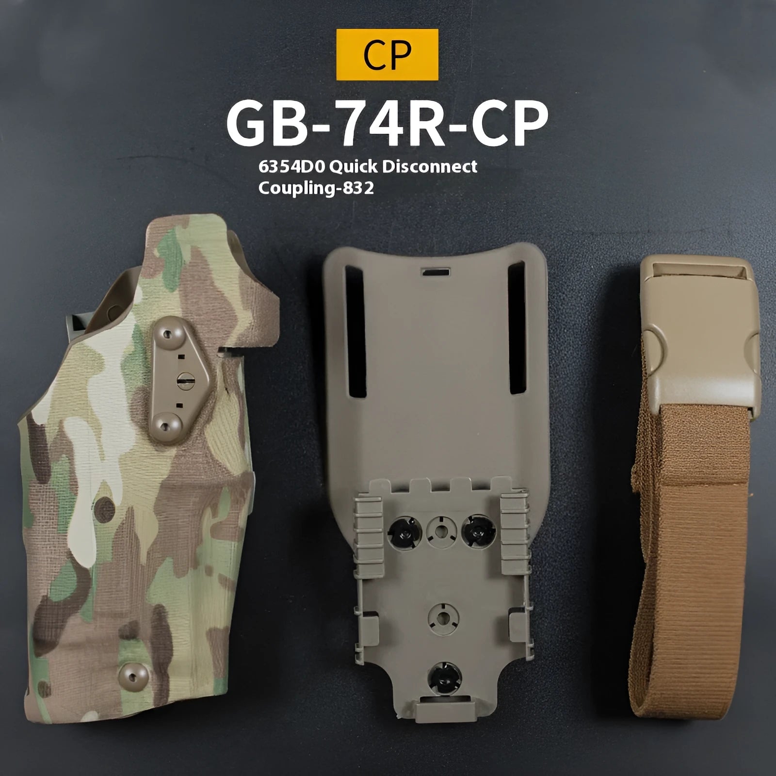 Left hand camouflage waist bag with leg warmer, black CP GB-87, against outdoor foliage background