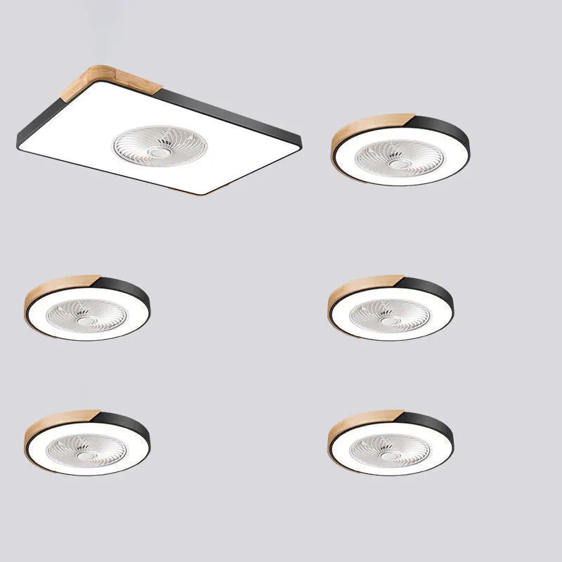 Nordic ceiling fan with integrated light fixture showing solid wood construction and PVC lampshade
