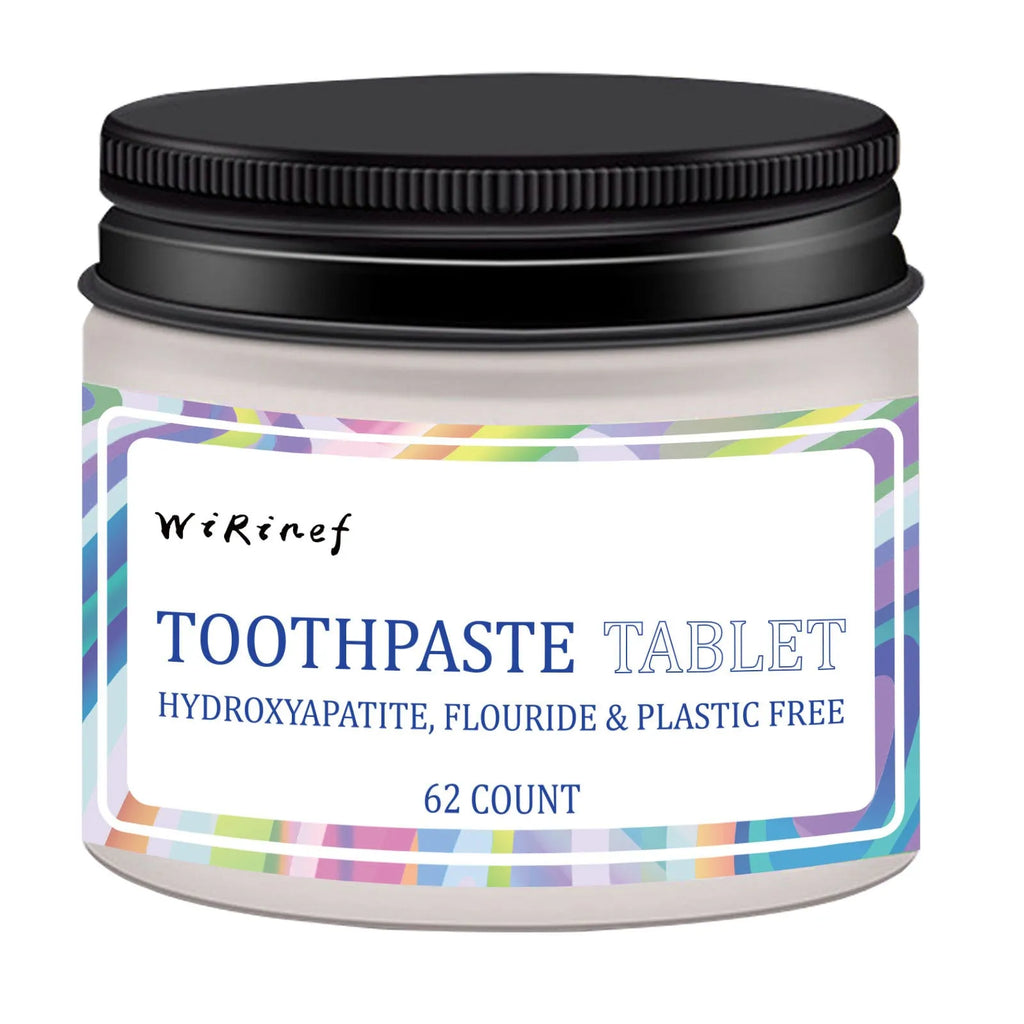 Pack of 62 white solid chewable toothpaste tablets for portable oral cleaning.