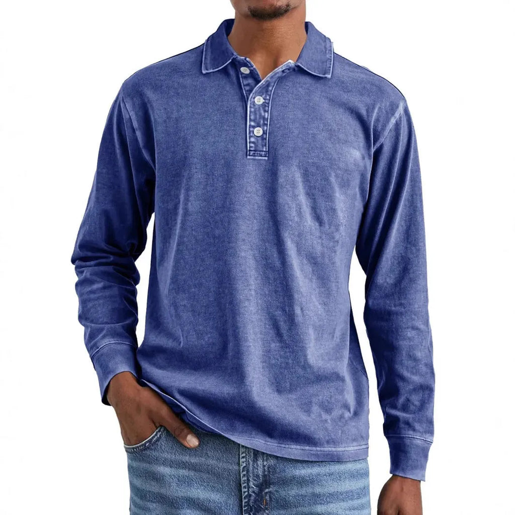 Men's retro washed distressed cotton lapel collar long sleeve polo shirt in army green