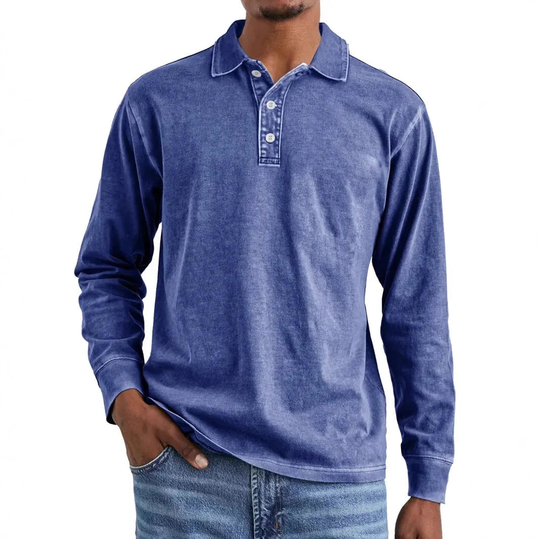 Men's retro washed distressed cotton lapel collar long sleeve polo shirt in army green