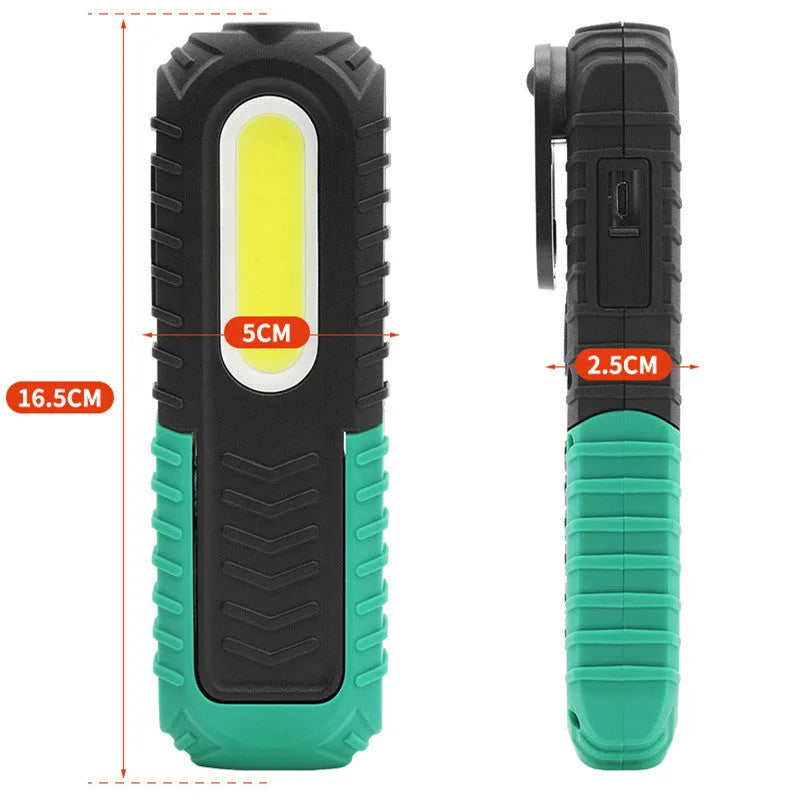 Black and green auto repair work light with USB charging cable