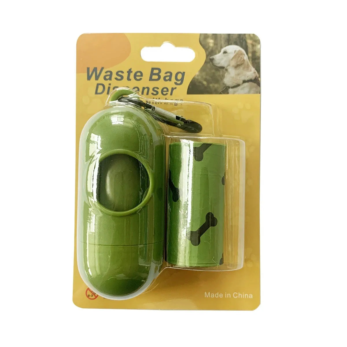 Military green degradable dog poop bags with black bone print, 23cm by 33cm size