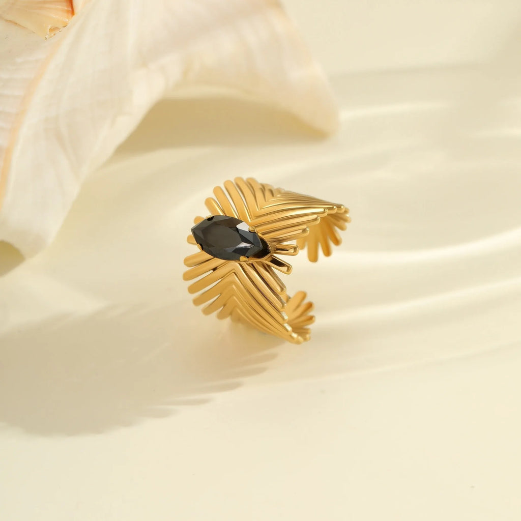 Women's geometric open ring with inlaid zircon on a stainless steel band