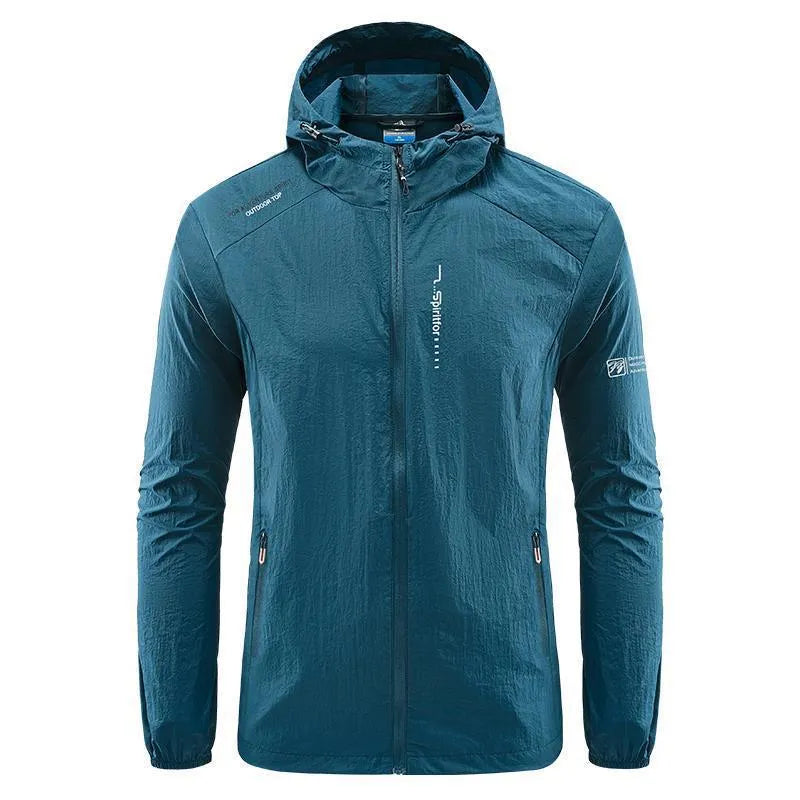 Men's lightweight nylon hooded summer jacket in loose fitting style for outdoor sun protection