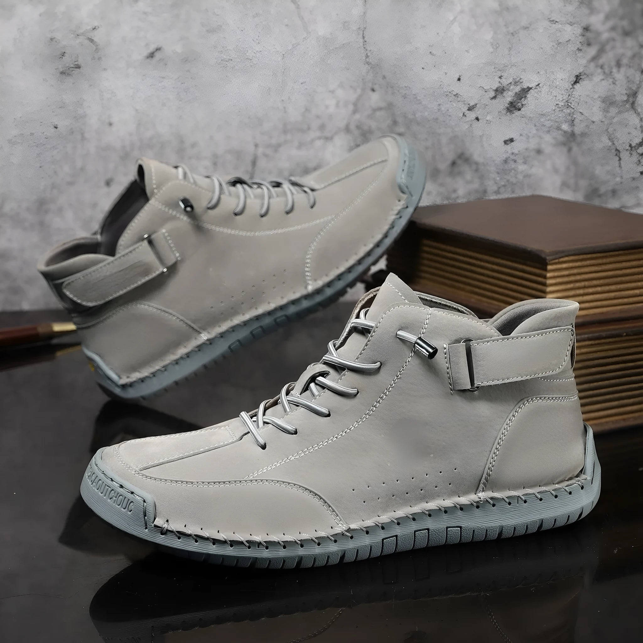 Handmade stitching Martin boots high top with microfiber upper and rubber sole in khaki