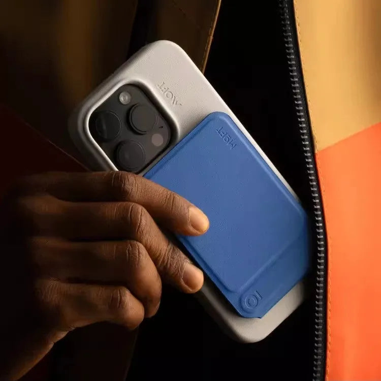 Magnetic phone holder case in MOVAS leather with 96.5x63.5mm dimensions showing black, blue, green, grey colour options