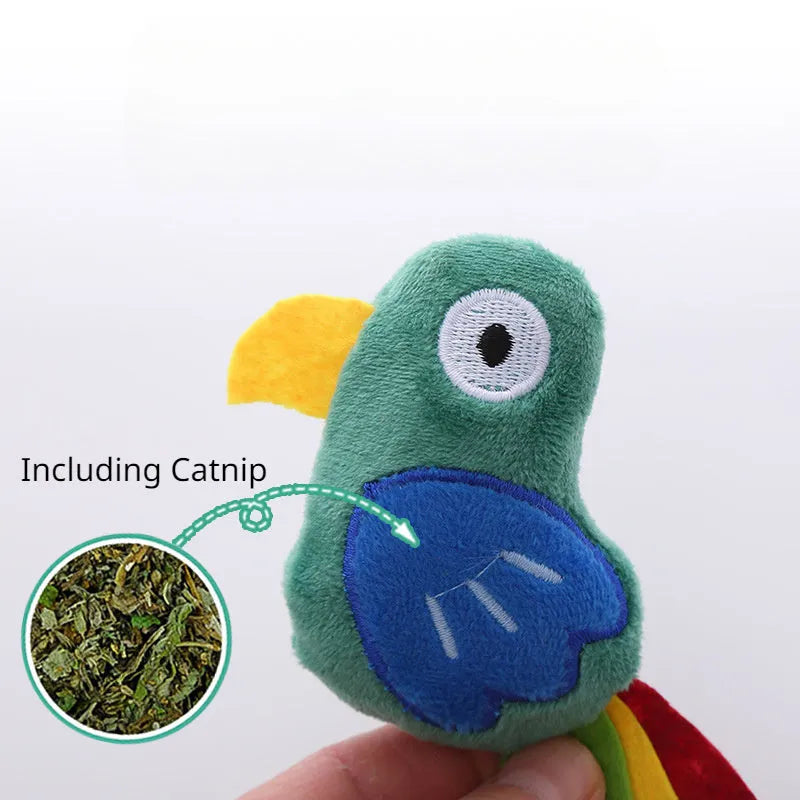 Plush cat toy in the shape of a cow and a parrot, designed for interactive play with catnip.