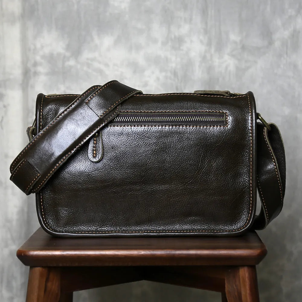 Men's genuine leather crossbody shoulder bag handmade patchwork in olive green colour on model