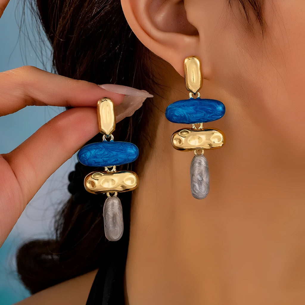 Geometry shape stud earrings with electroplated multicolour finish on zinc alloy