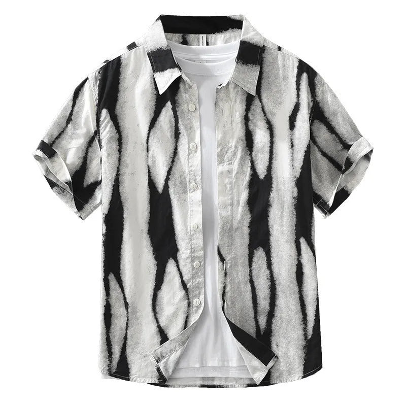Men's black and brown striped retro short sleeve cotton shirt with loose cardigan fit