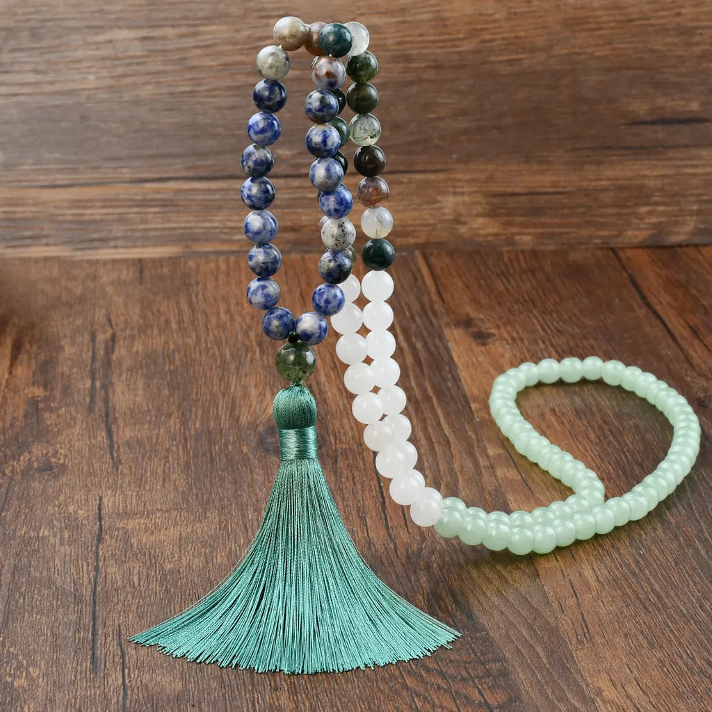 Handmade natural stone bead necklace with tassel pendant in bohemian style