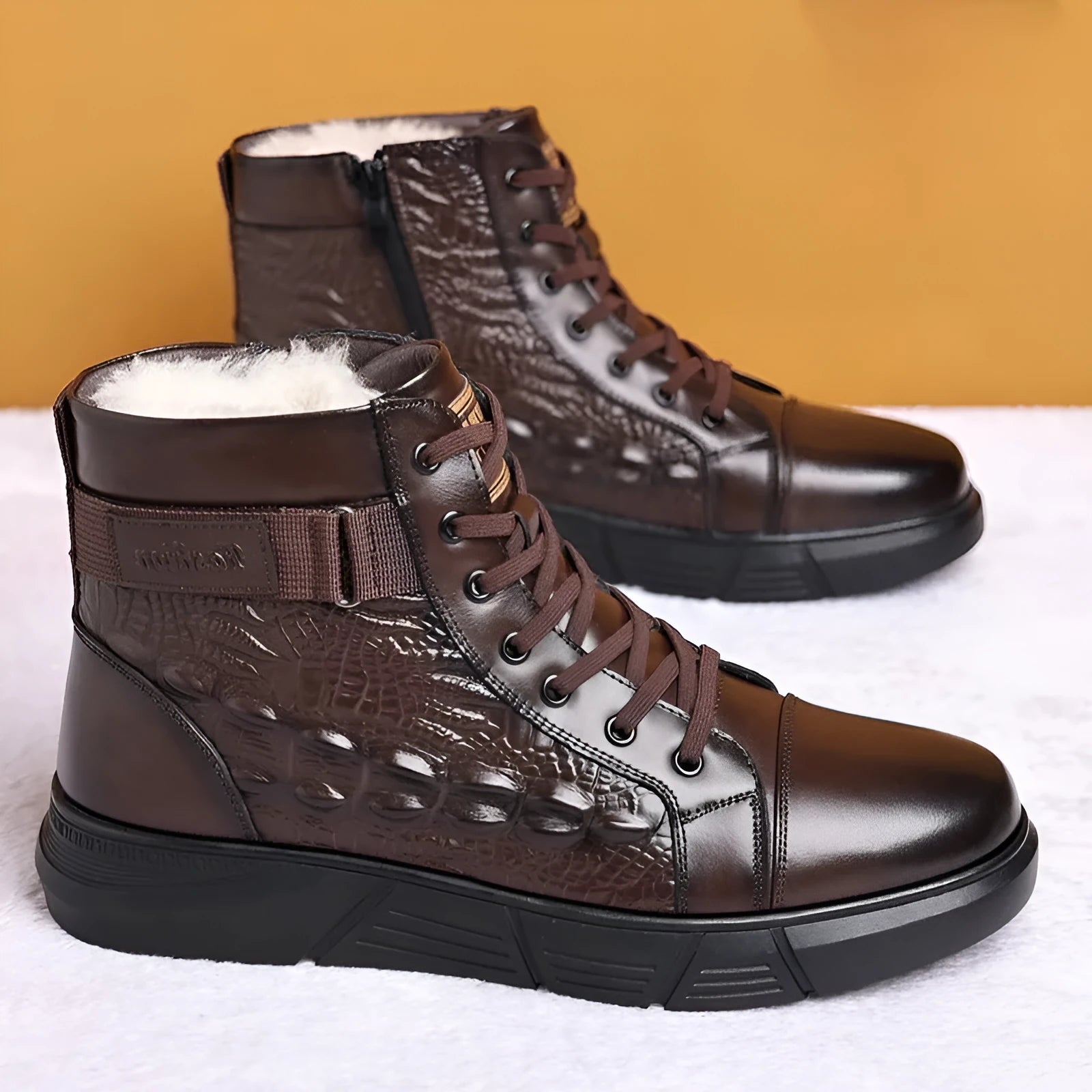 Women's black fur-lined genuine leather snow boots with rubber sole and front laces.
