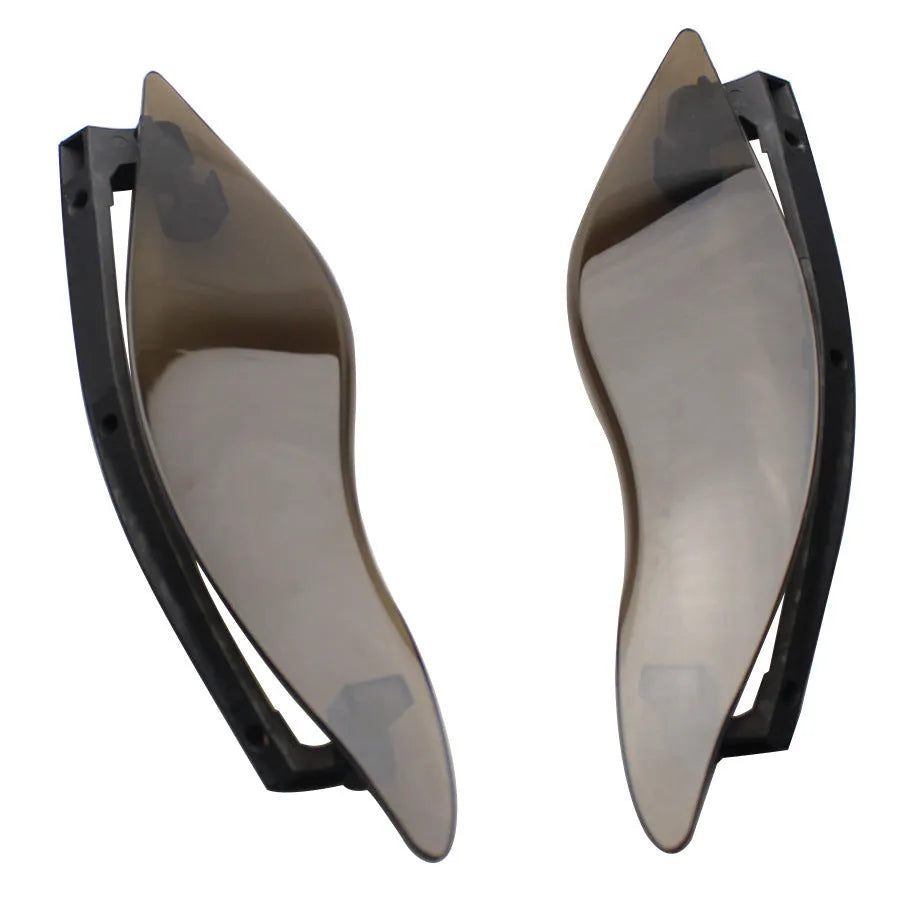 Pair of smoked ABS plastic windshield side wings for a Harley three-wheel glide motorcycle.