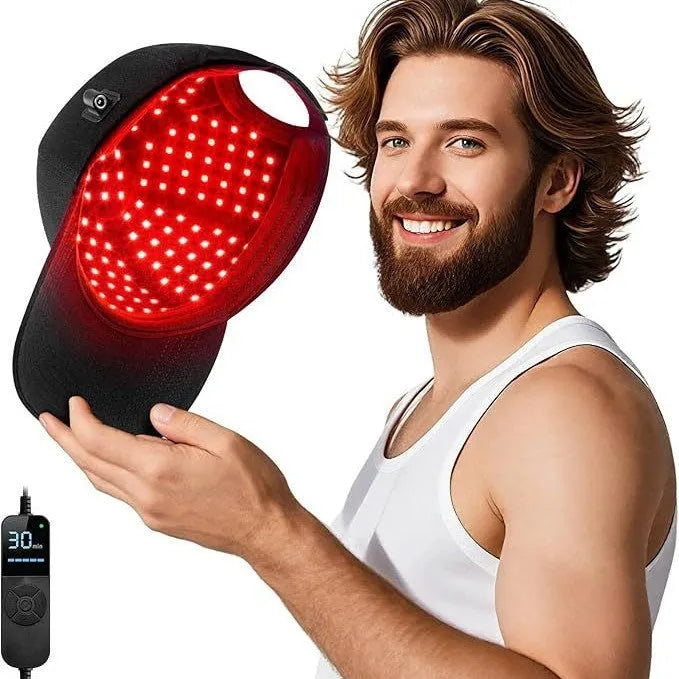 Black red light therapy cap for hair growth with infrared LEDs