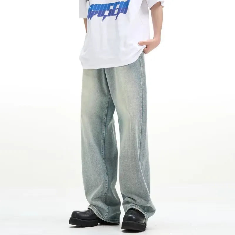 Blue retro-style loose-fit casual trousers with high elasticity, made from rabbit fur fabric.