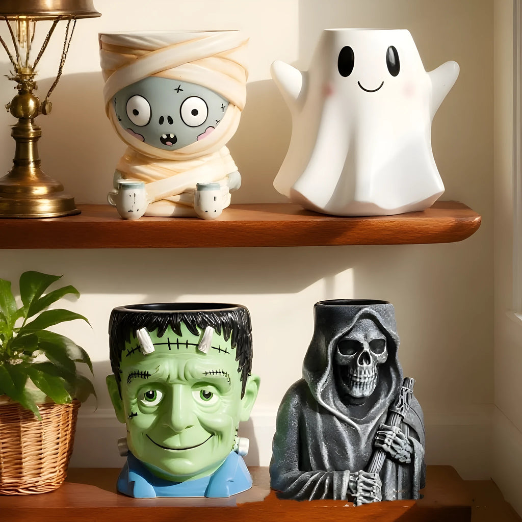 Halloween cartoon resin flower pot decoration in a choice of four hand-painted horror themes