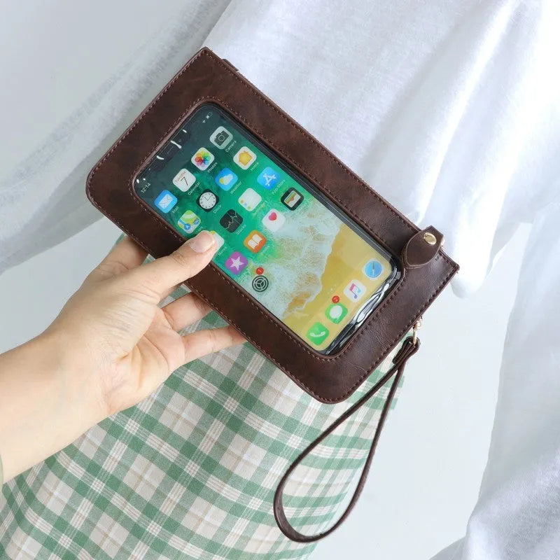 Mini touch screen phone bag in cross square shape with soft surface material, blue colour, and zippered pockets