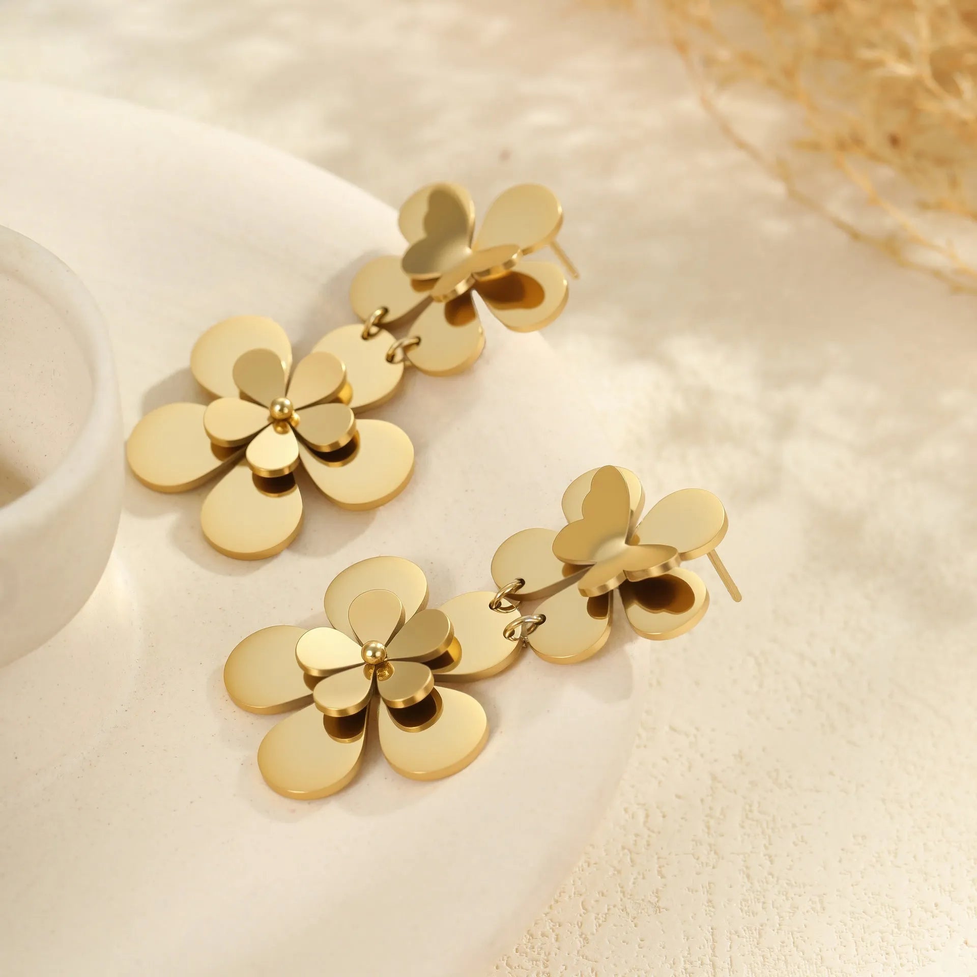 Gold flower butterfly stainless steel earrings for women with electroplated 18K finish