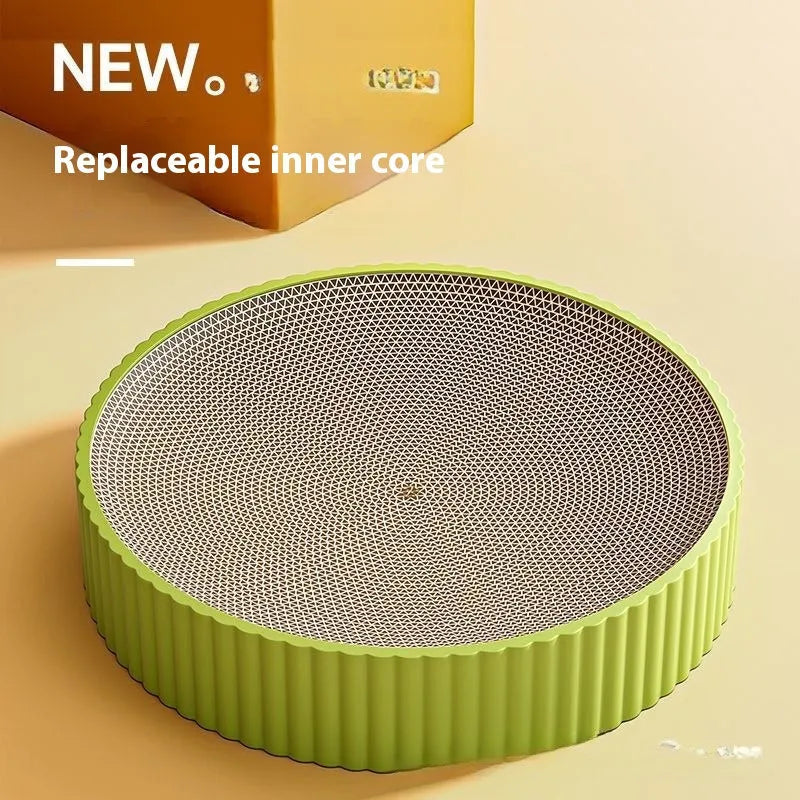 Round green and white 55cm cat scratching board with corrugated cardboard texture and replacement pads