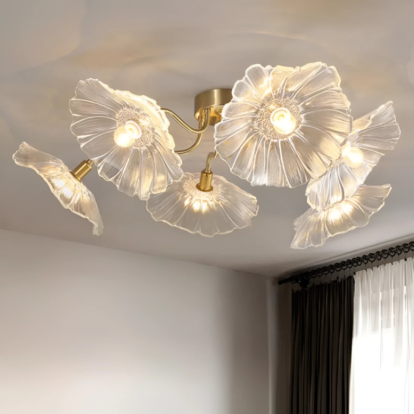 Modern creative flower ceiling lamp with white or purple shades in five or six flower configuration