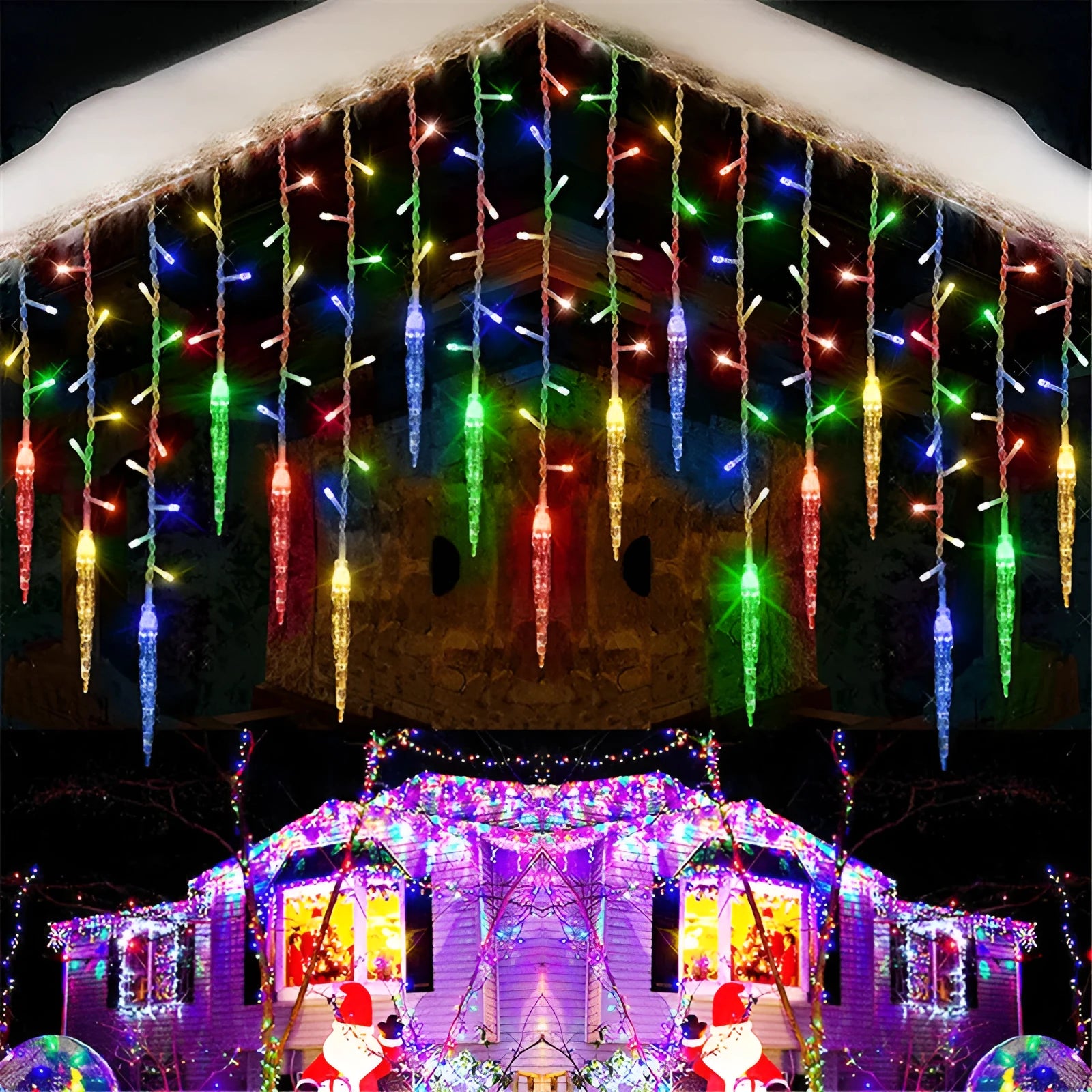 Icicle light bar with 96 LED lamp beads on a 3.5m string, showing 8 lighting modes for outdoor party decor